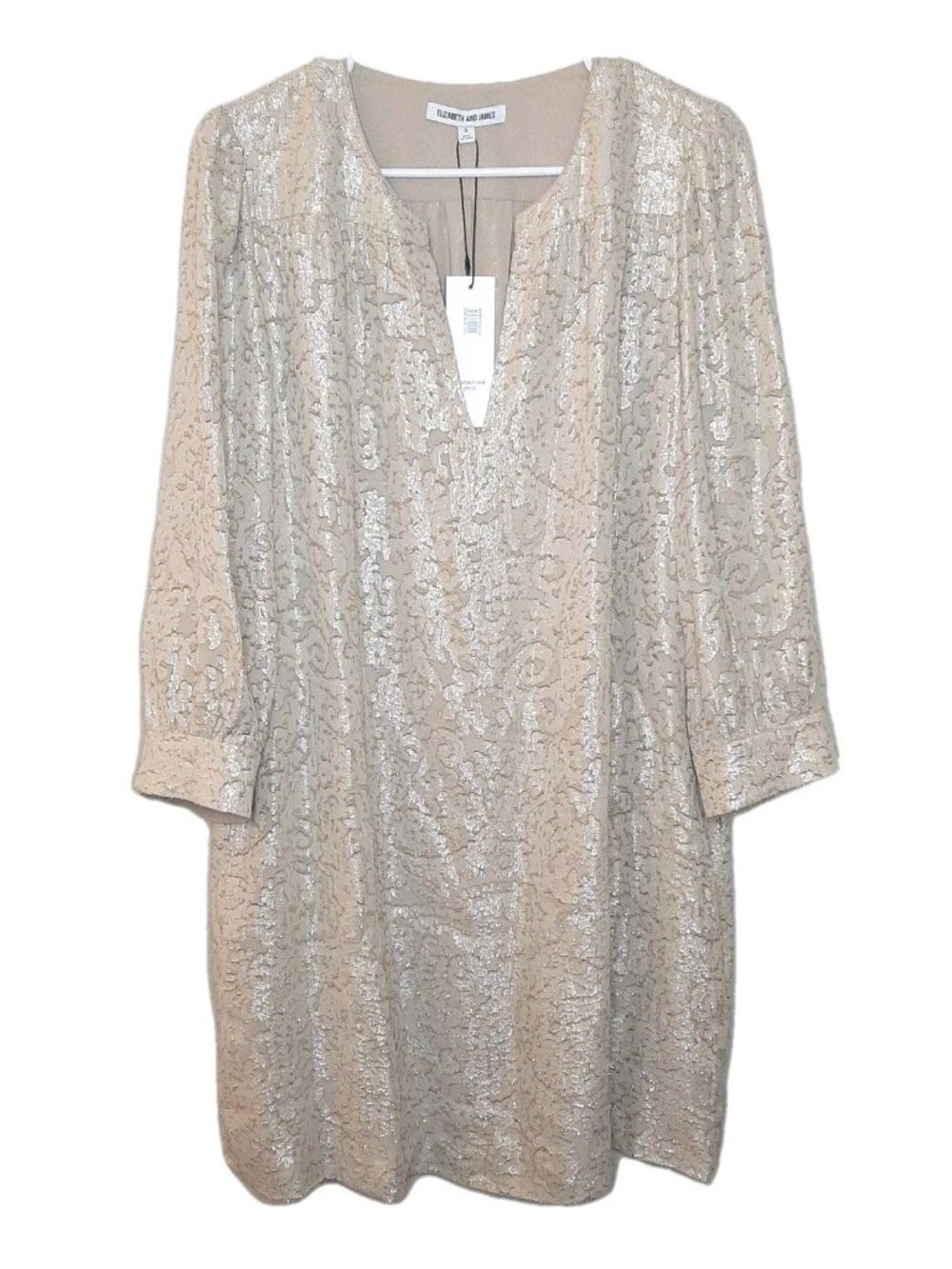 NEW Elizabeth & James Dress Beige Women Size 6 Sparkle Shift Dress LS $425 Silk